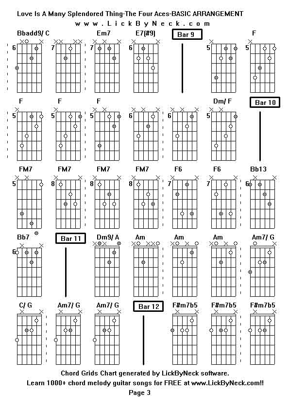 Chord Grids Chart of chord melody fingerstyle guitar song-Love Is A Many Splendored Thing-The Four Aces-BASIC ARRANGEMENT,generated by LickByNeck software.